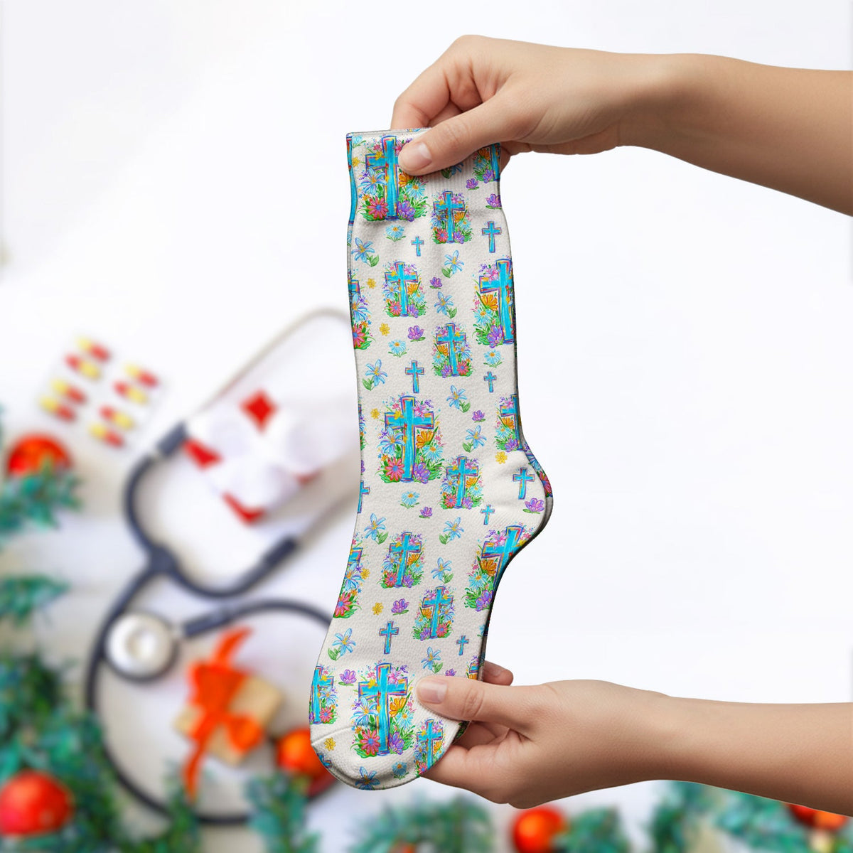 Christian Floral Cross Spring Nurse Socks