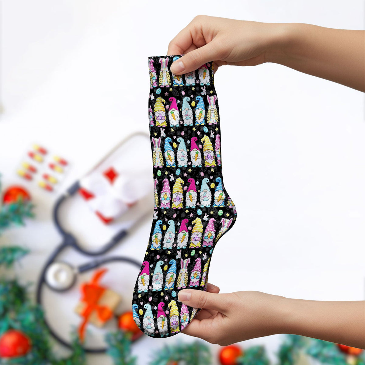 Colorful Easter Gnome Bunny Eggs Nurse Socks