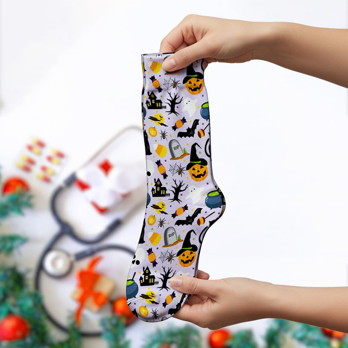 Ghost Pumpkin Witch Nurse Socks - Halloween Gift