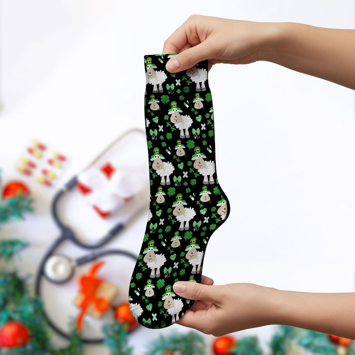 Sheep Shamrock Nurse Socks - St Patricks Day Gift