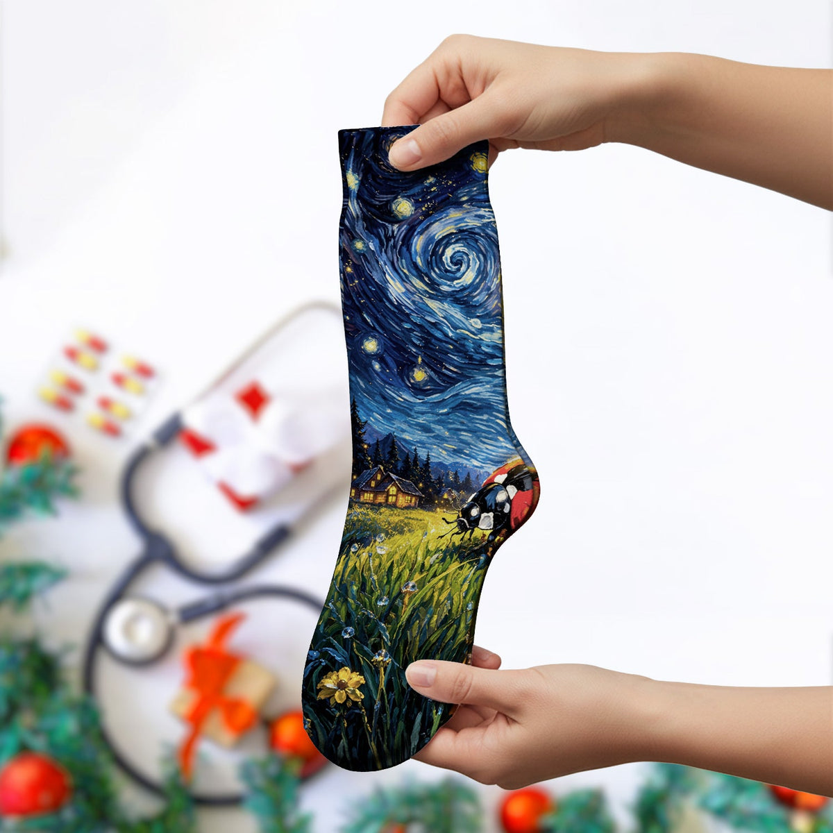 Swirl Night Sky Ladybug Landscape Nurse Socks