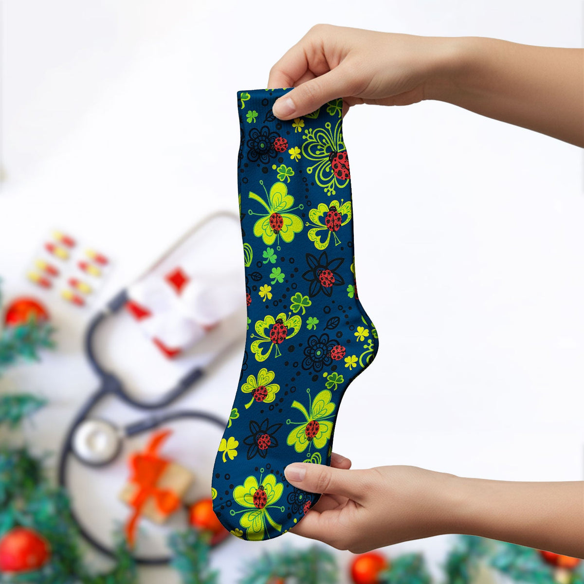 Ladybug Clover Floral Nurse Socks