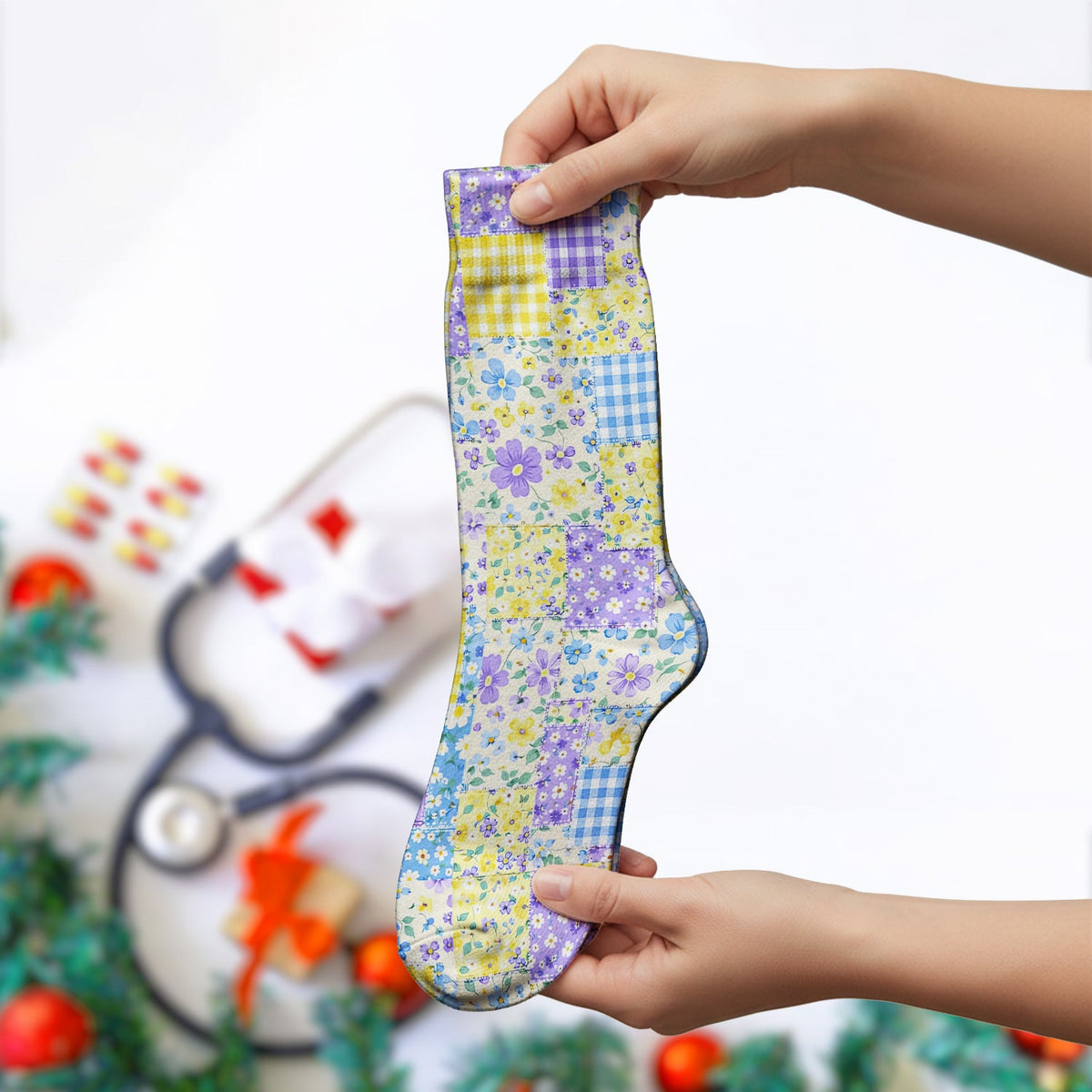 Floral Patchwork Gingham Nurse Socks