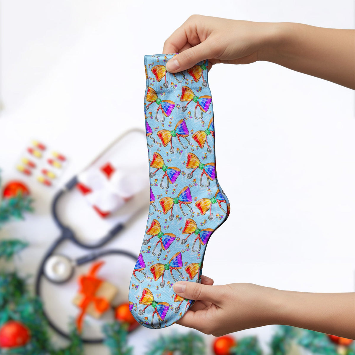 Colorful Rainbow Bow Stethoscope Nurse Socks