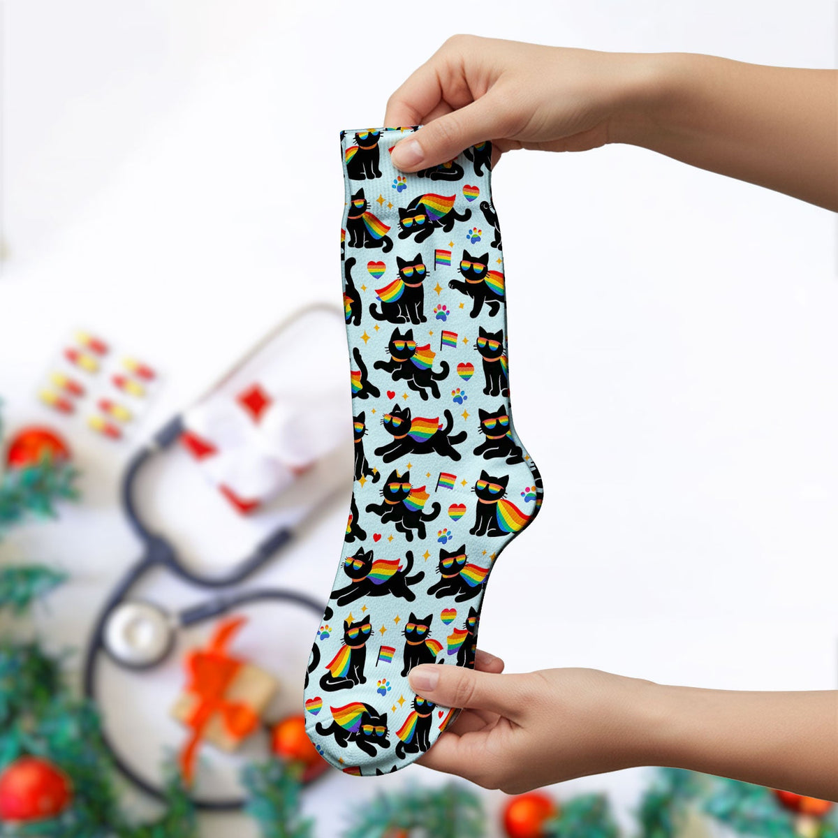 Rainbow Black Cat Pride Nurse Socks