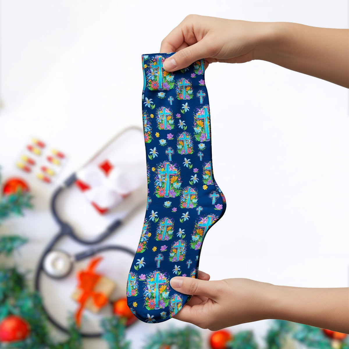 Christian Floral Cross Spring Nurse Socks
