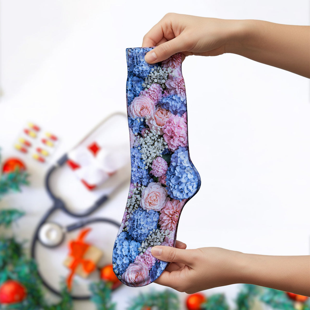 Pastel Hydrangea Rose Blossom Nurse Socks