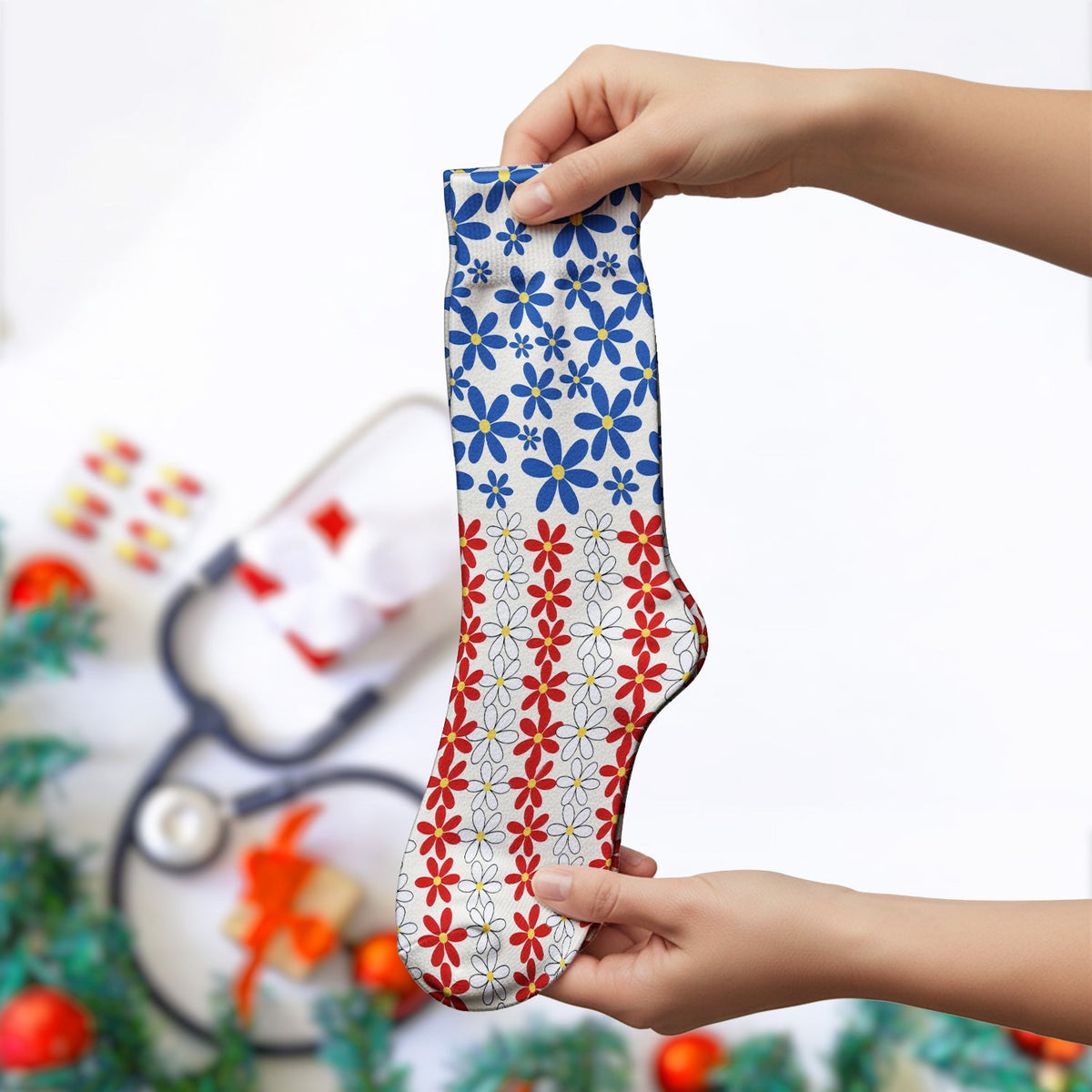 Retro Red Blue Daisy Nurse Socks