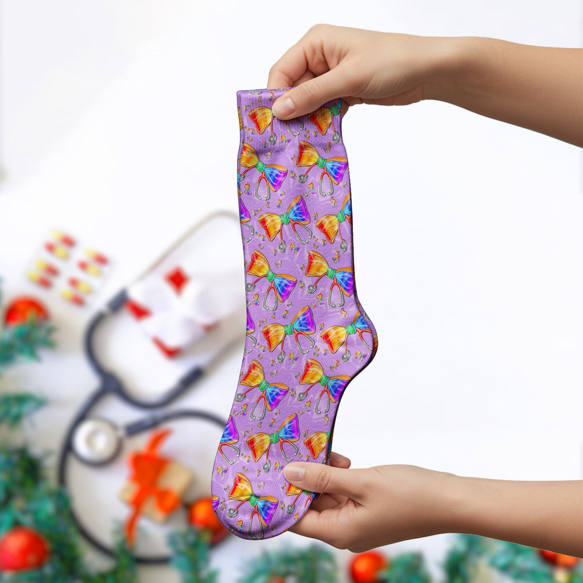Colorful Rainbow Bow Stethoscope Nurse Socks