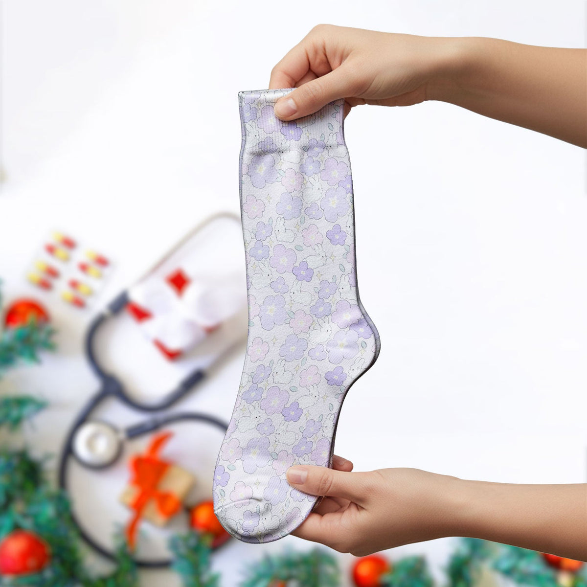 Bunny Floral Pastel Nurse Socks
