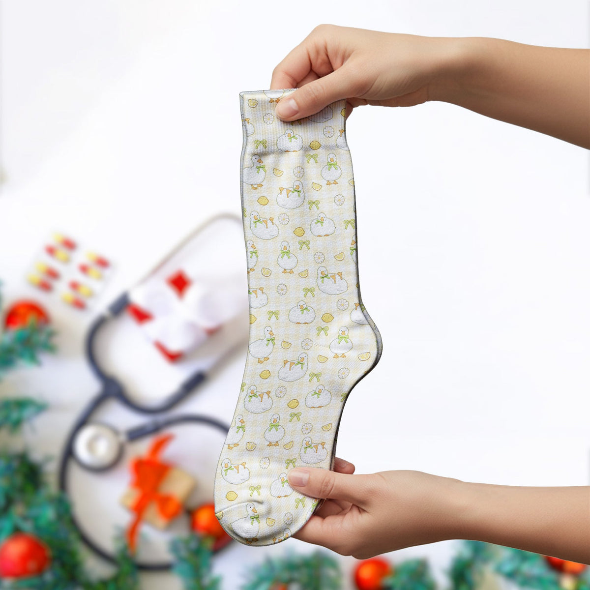 Adorable Ducks Lemon Daisy Nurse Socks