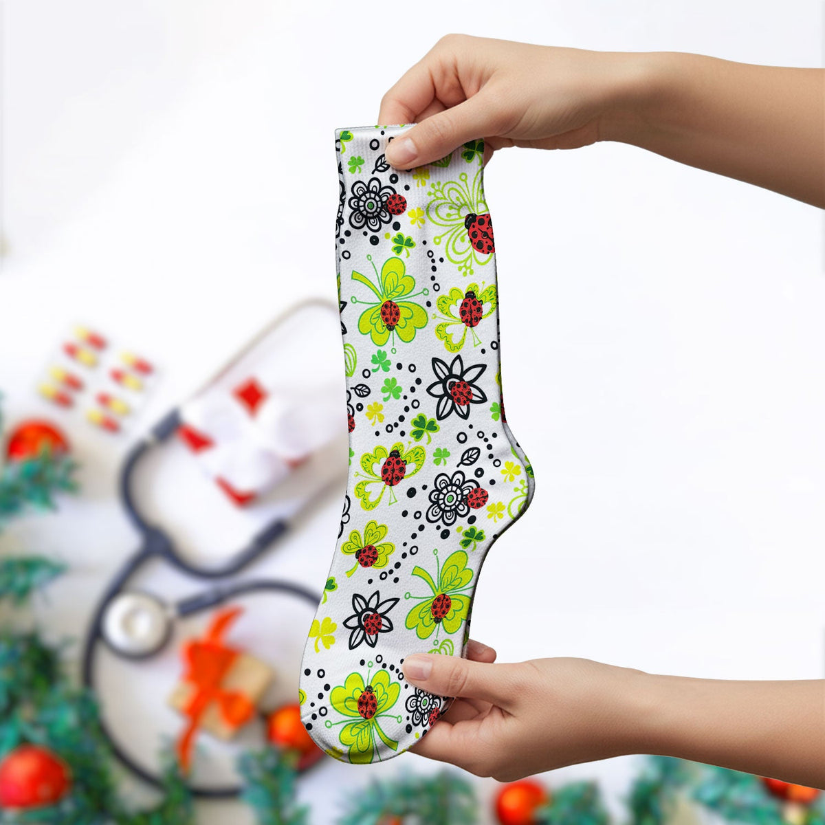Ladybug Clover Floral Nurse Socks