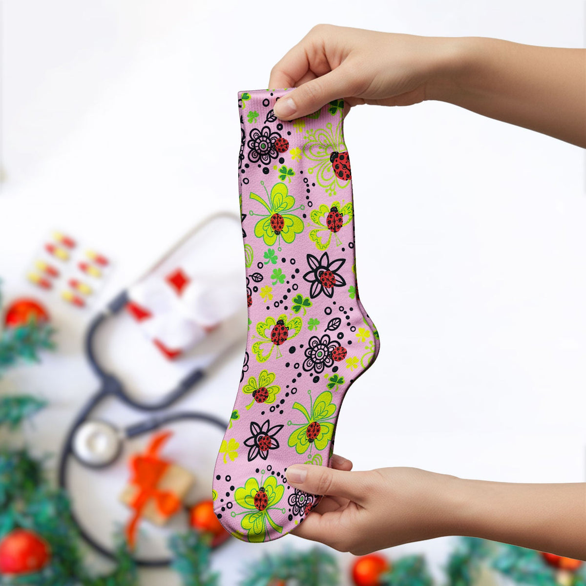 Ladybug Clover Floral Nurse Socks