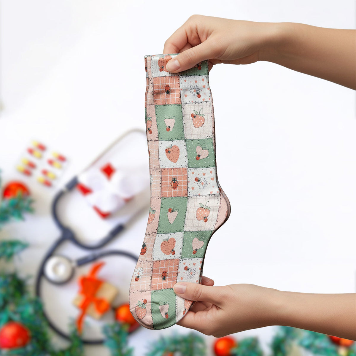 Strawberry Ladybug Patchwork Nurse Socks