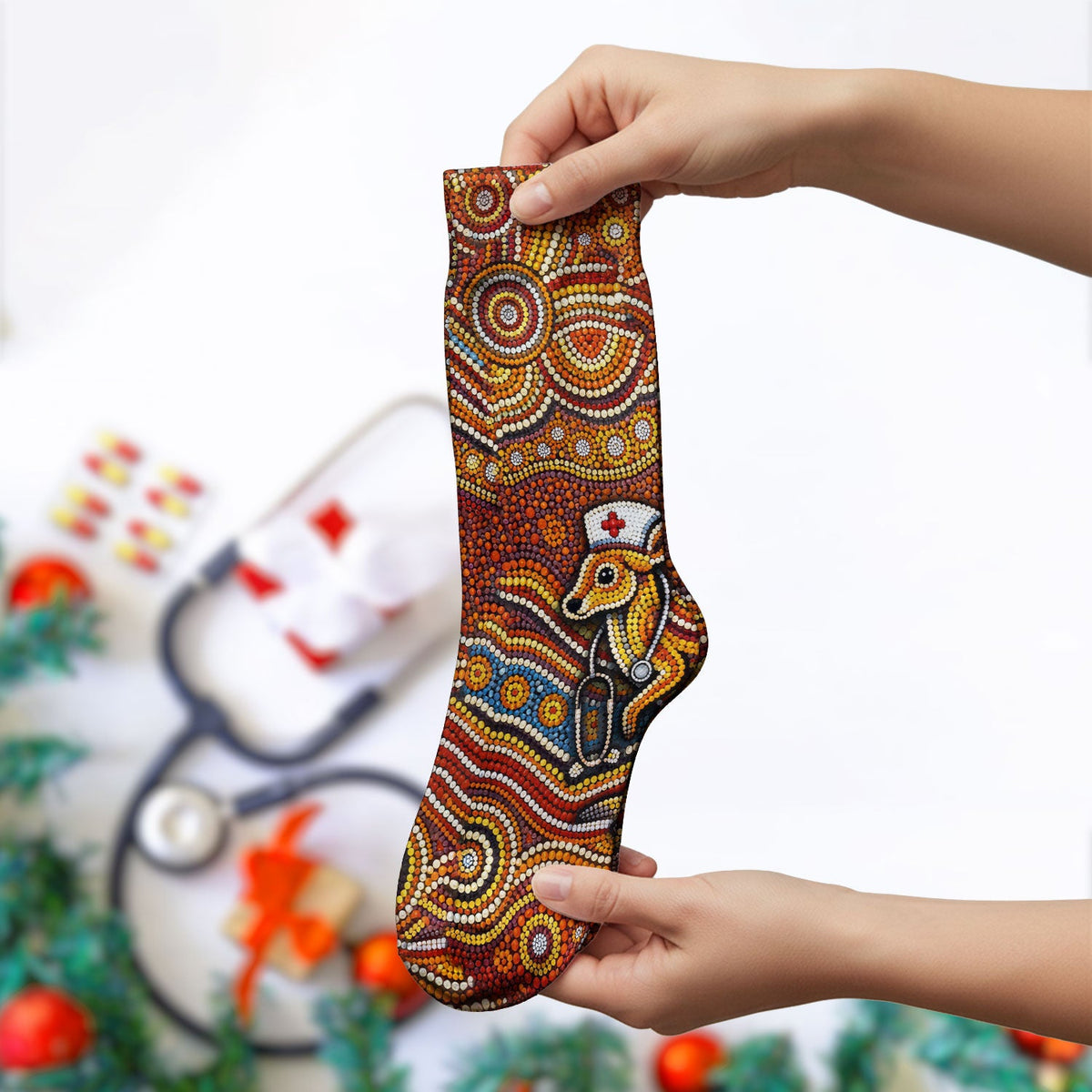 Australian Aboriginal Kangaroo Dot Art Medical Nurse Socks
