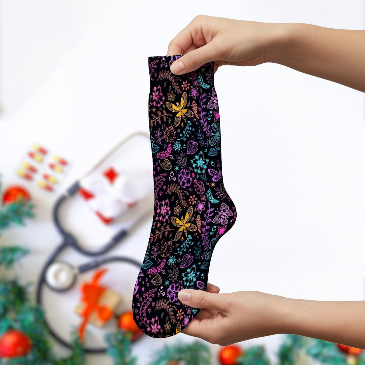 Neon Butterfly Floral Garden Nurse Socks