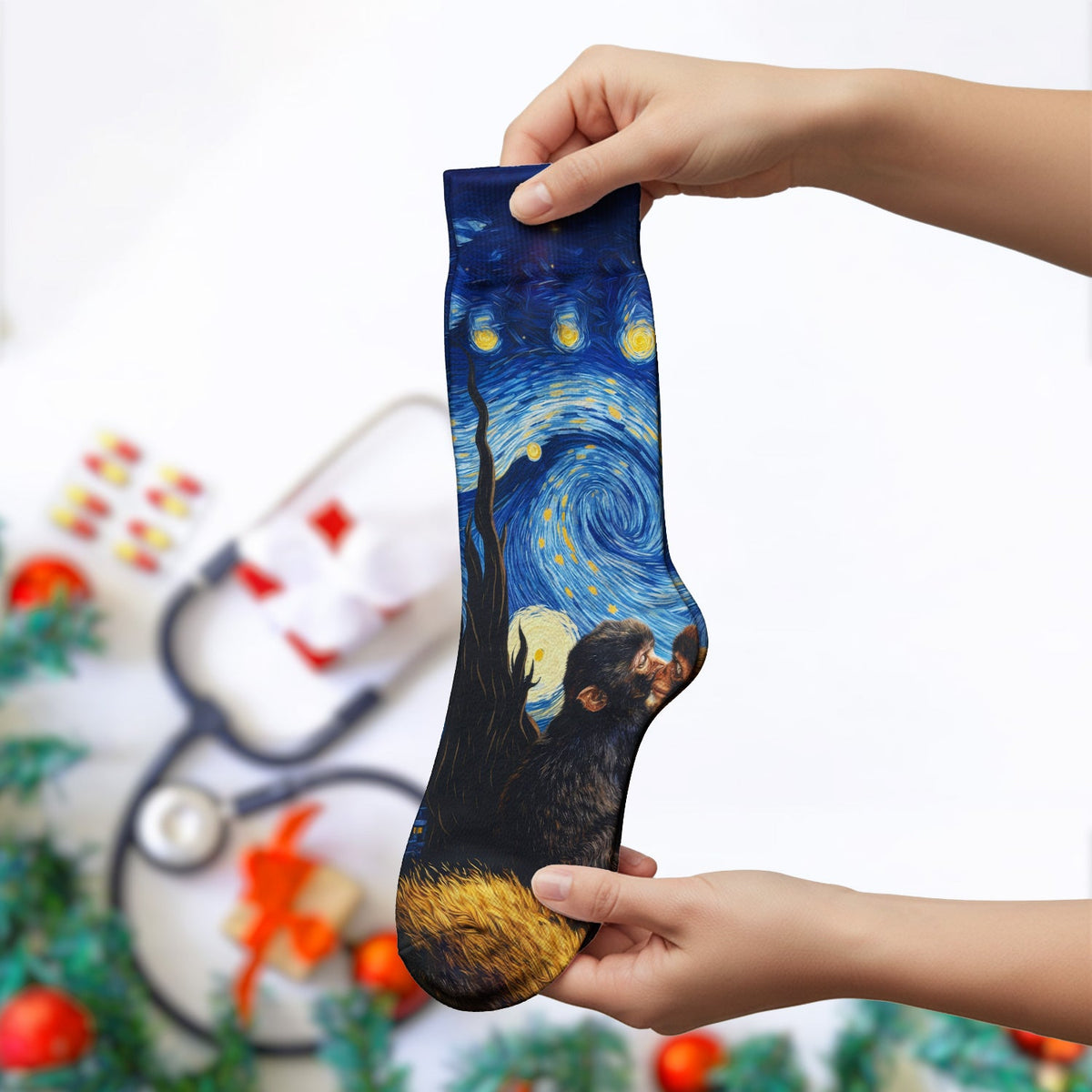 Romantic Monkey Night Sky Nurse Socks