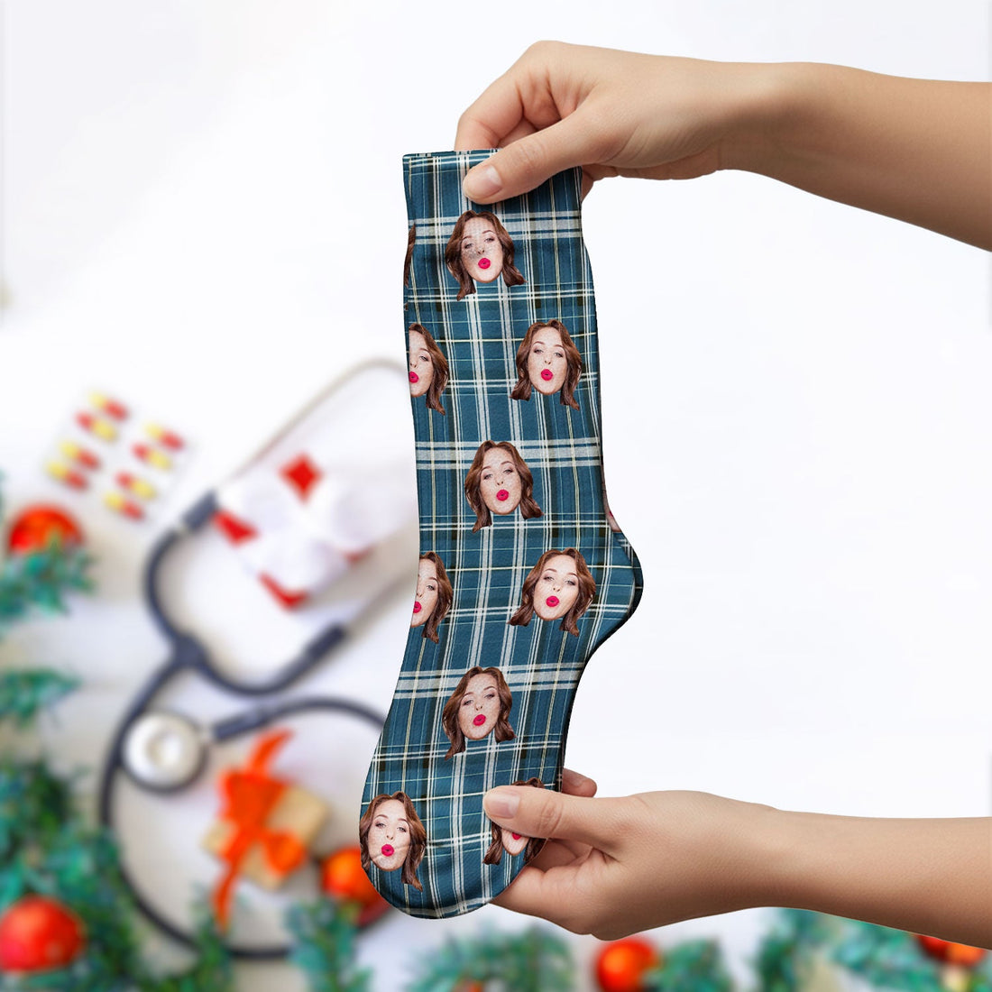 Personalized Photo Plaid Nurse Socks
