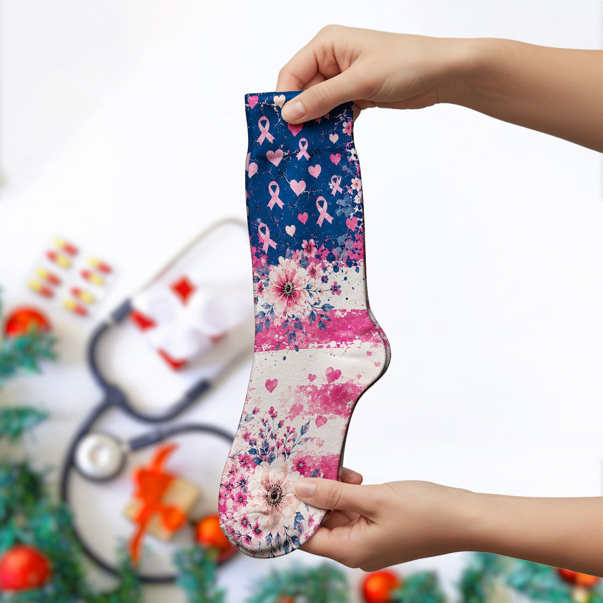 Breast Cancer Floral Flag Nurse Socks