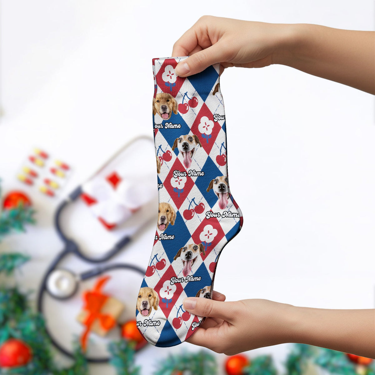 Dog Face Cherry Argyle Nurse Socks