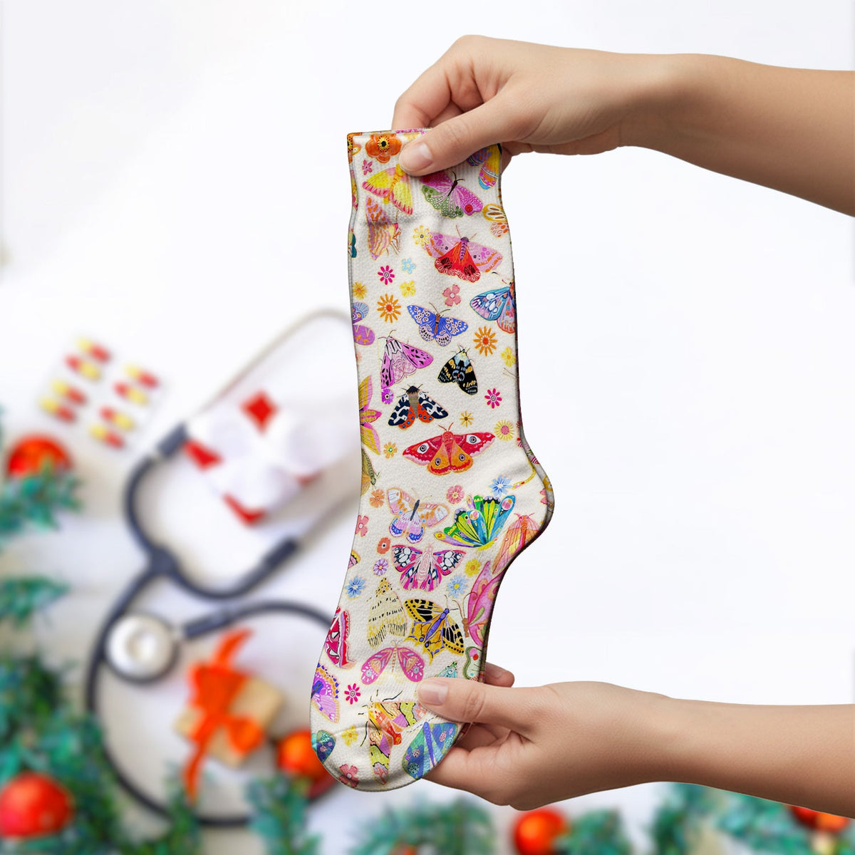 Colorful Butterfly Floral Nurse Socks