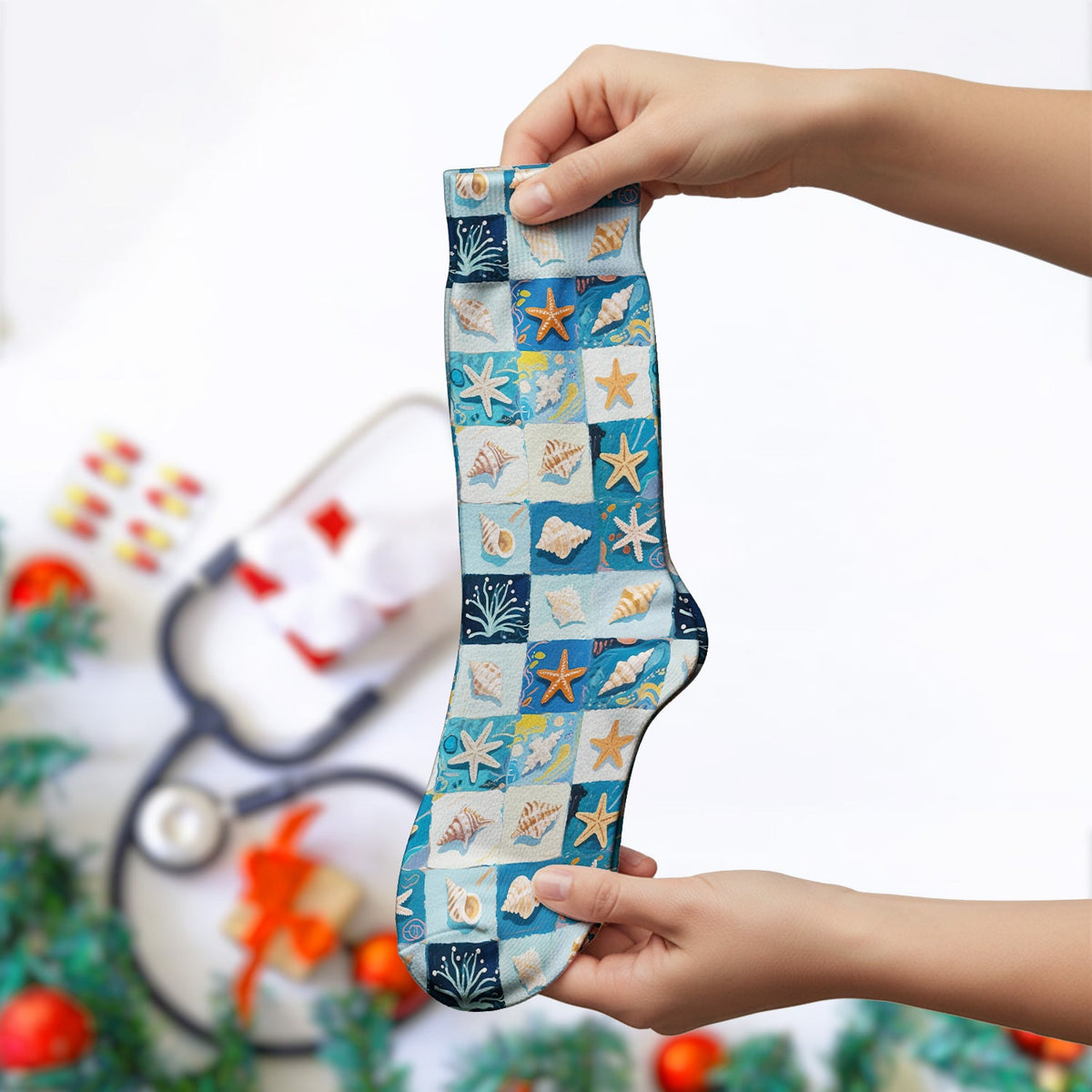 Seashell Starfish Ocean Tile Nurse Socks