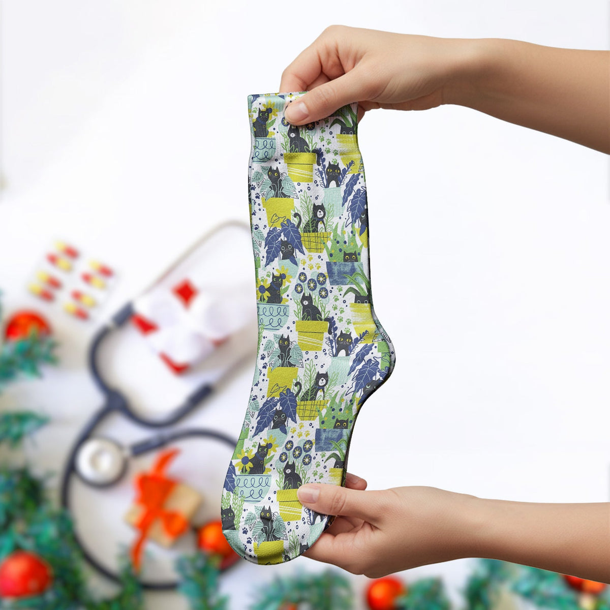 Black Cat Planter Garden Nurse Socks