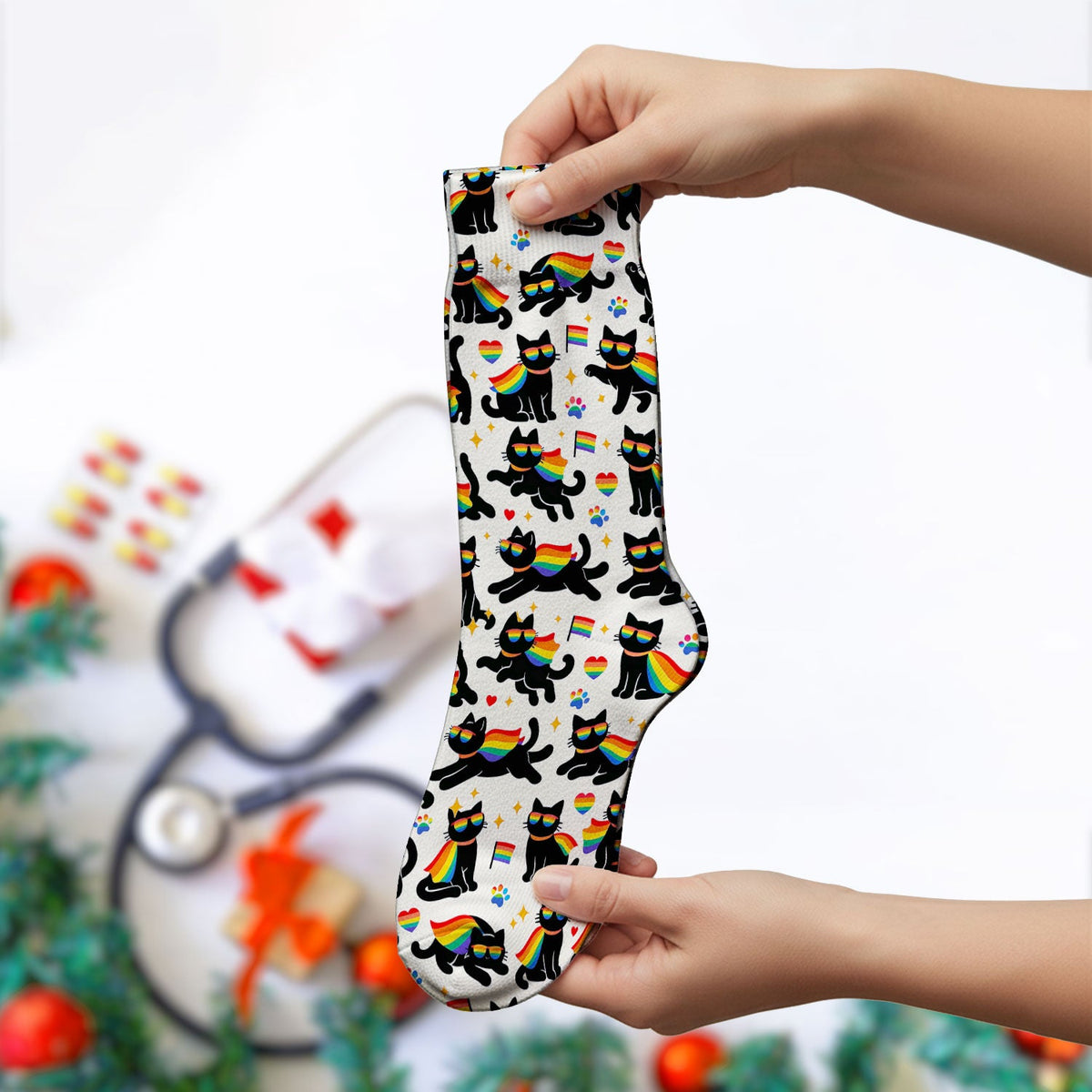 Rainbow Black Cat Pride Nurse Socks