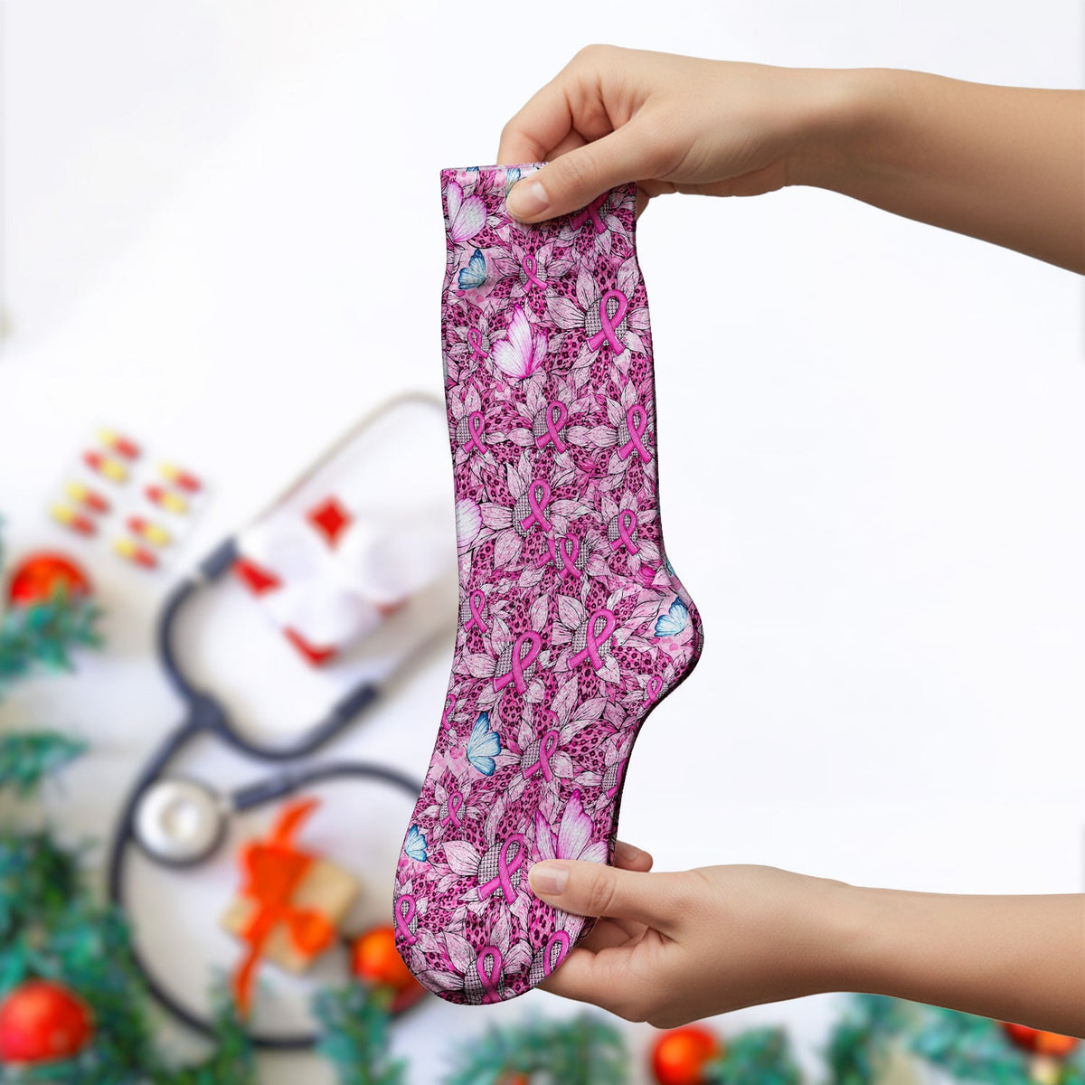Pink Ribbon Butterfly Breast Cancer Nurse Socks