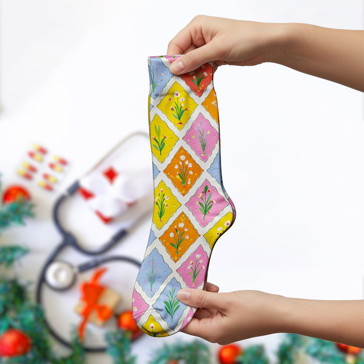 Colorful Floral Tile Nurse Socks