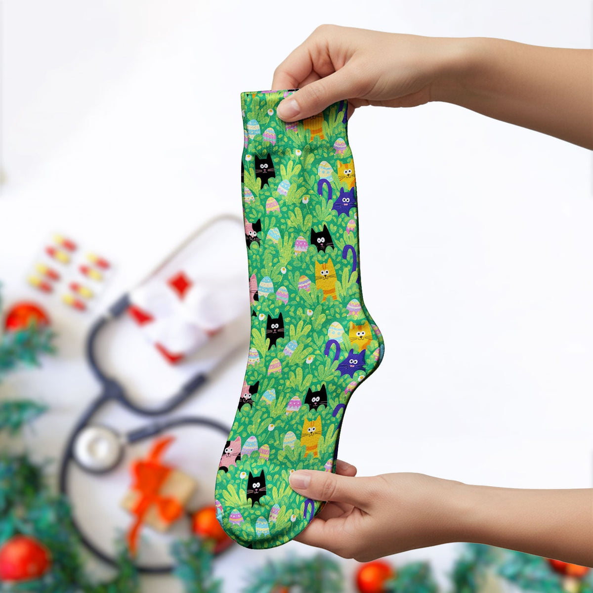 Colorful Easter Cats Green Leaves Nurse Socks