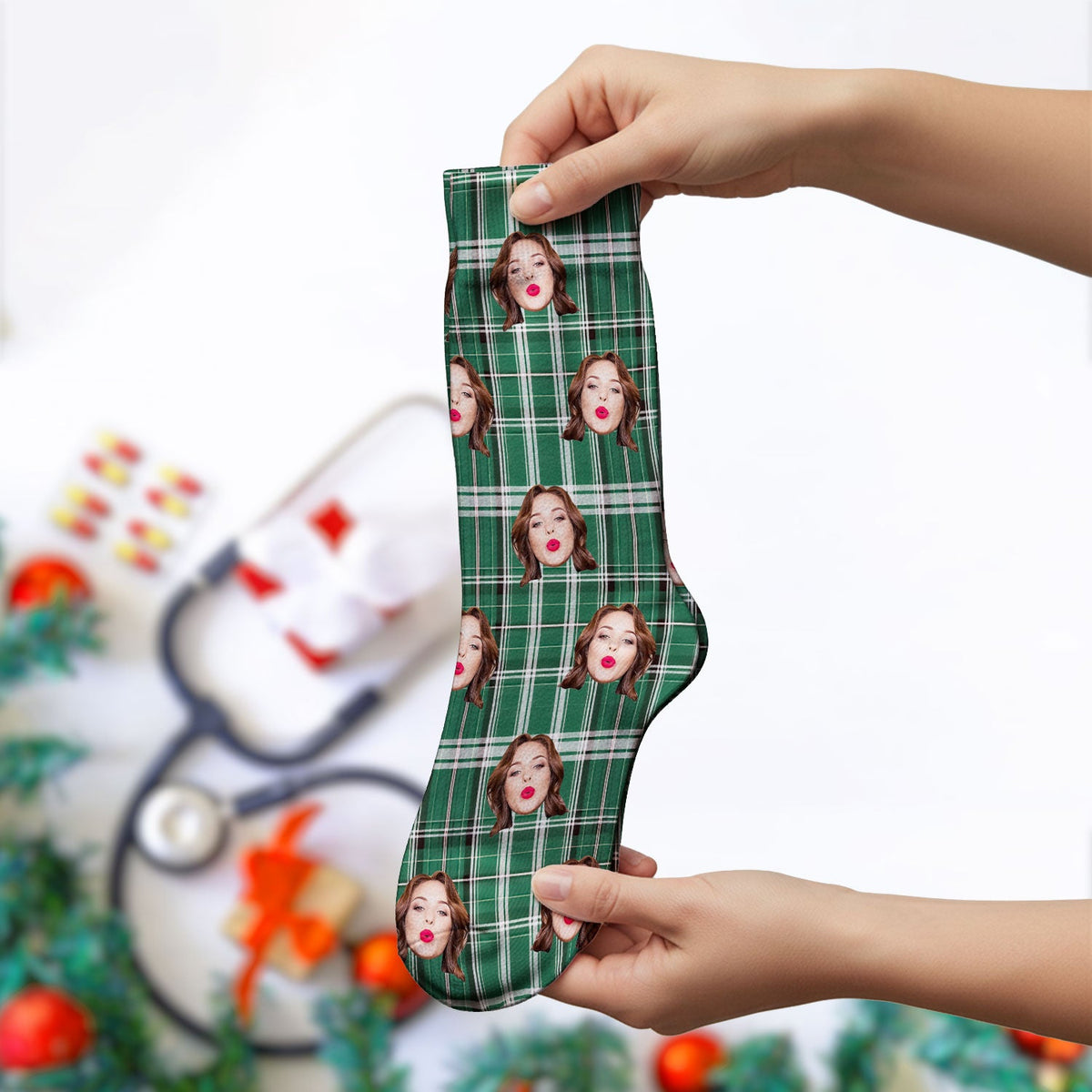 Personalized Photo Plaid Nurse Socks