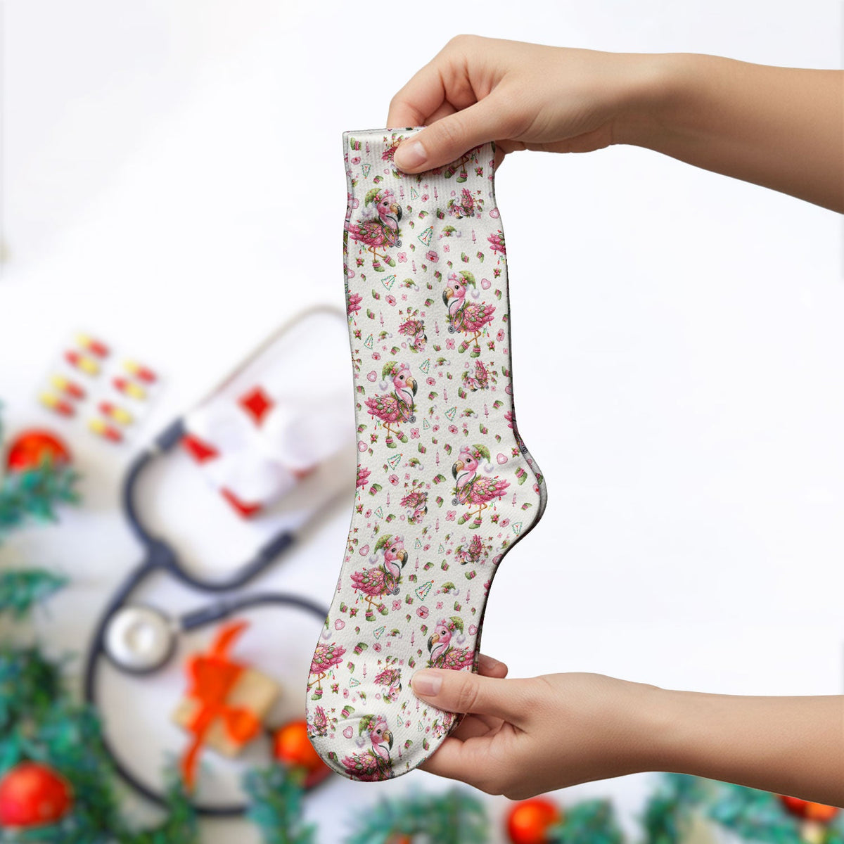 Pink Flamingo Christmas Nurse Socks