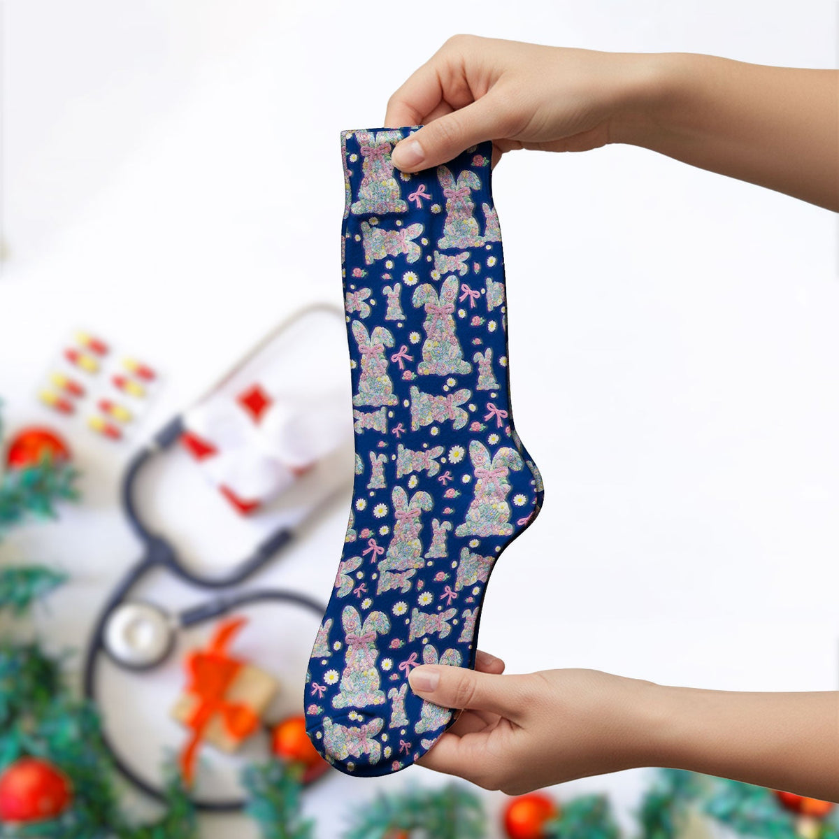 Colorful Floral Bunny Pink Bow Nurse Socks
