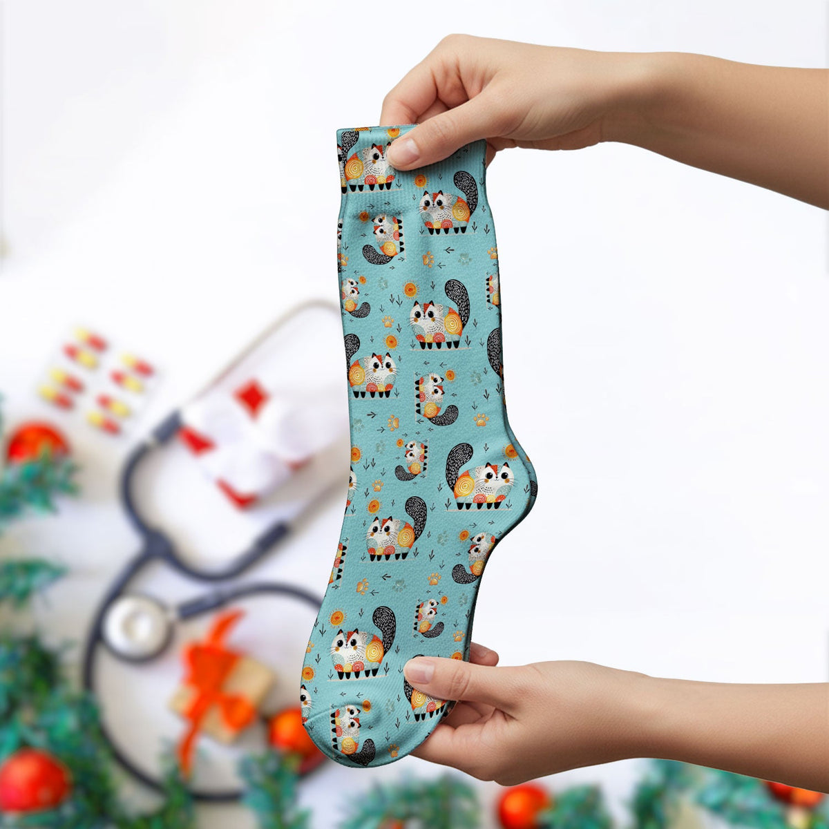 Playful Cat Illustration Medical Socks, Socks for Nurse Doctor