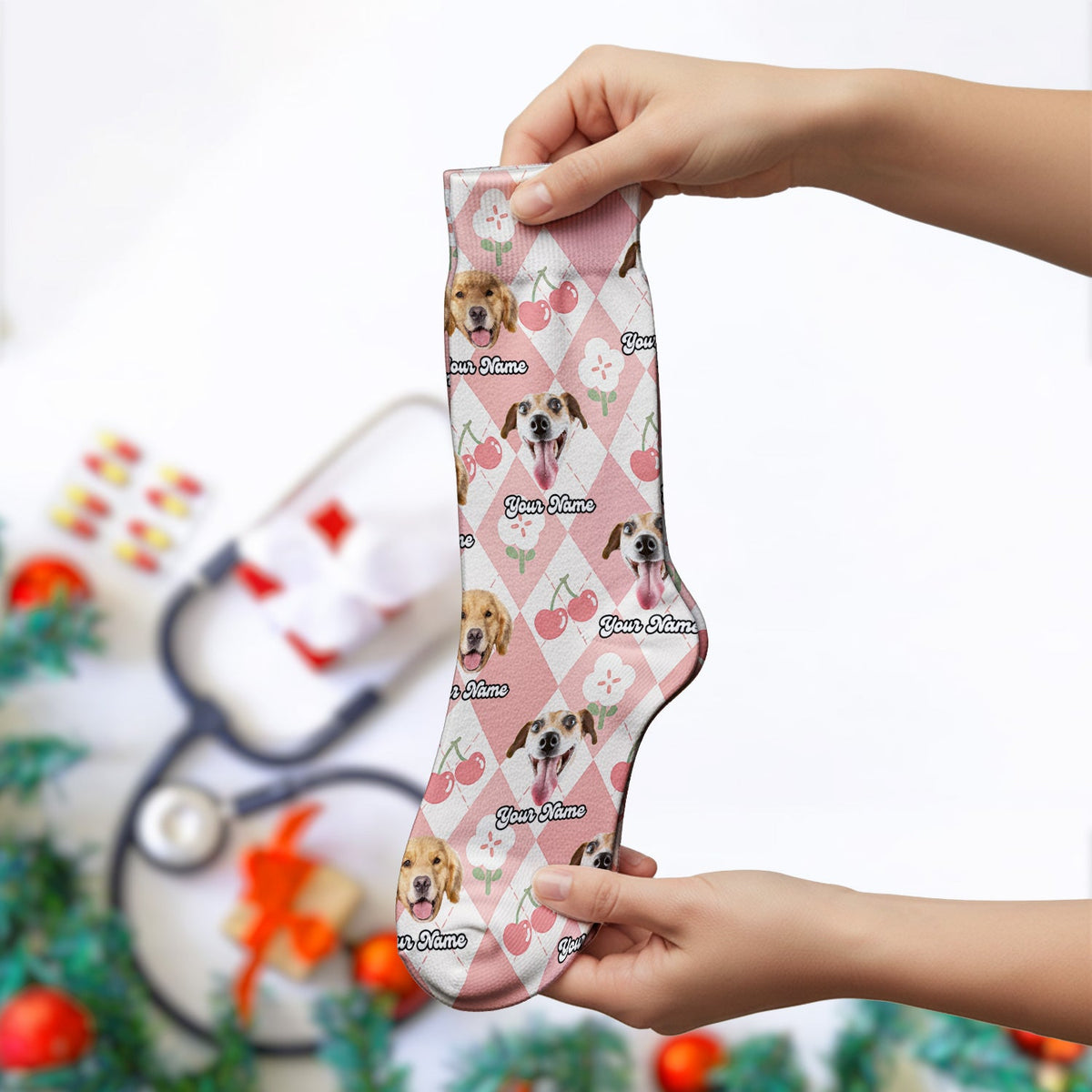 Dog Face Cherry Argyle Nurse Socks