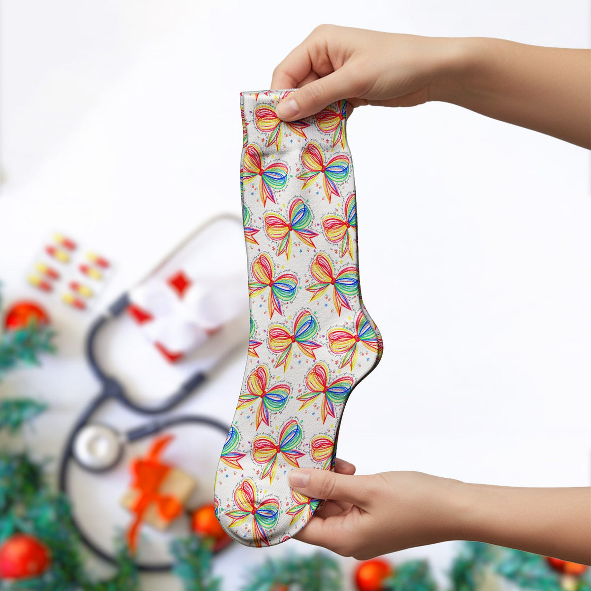Colorful Rainbow Bow Nurse Socks