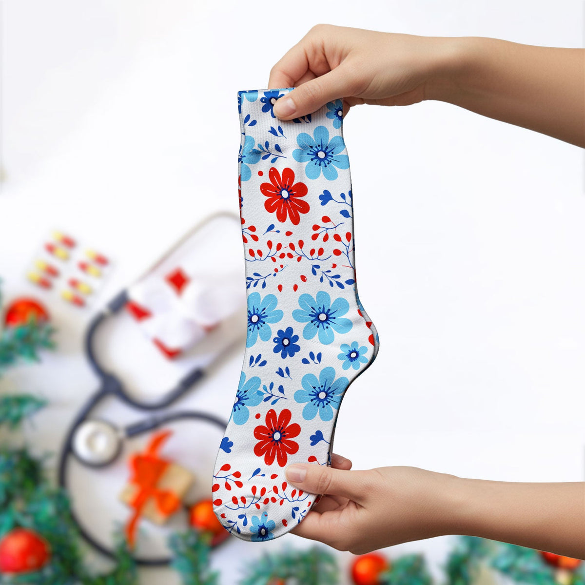 Symmetrical Folk Floral Heart Nurse Socks