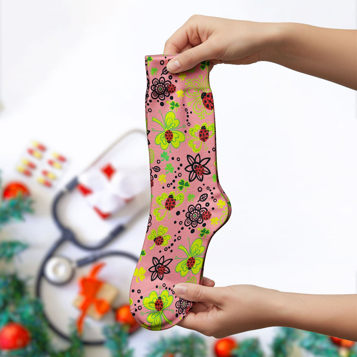 Ladybug Clover Floral Nurse Socks