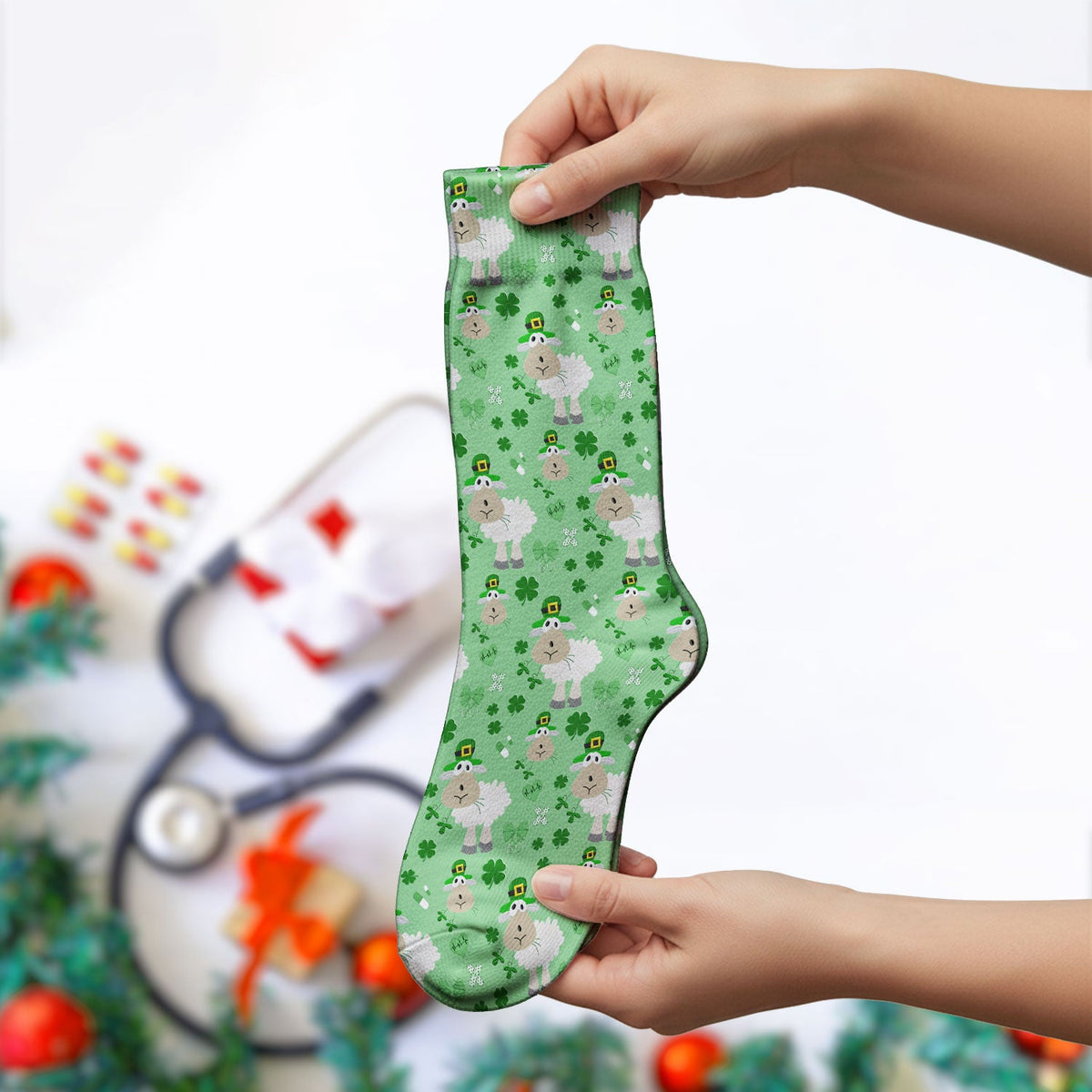 Sheep Shamrock Nurse Socks - St Patricks Day Gift