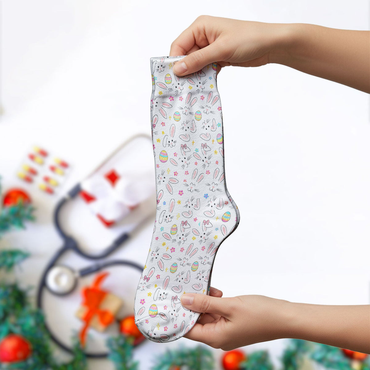 Bunny Faces Pastel Egg Nurse Socks - Easter Gift