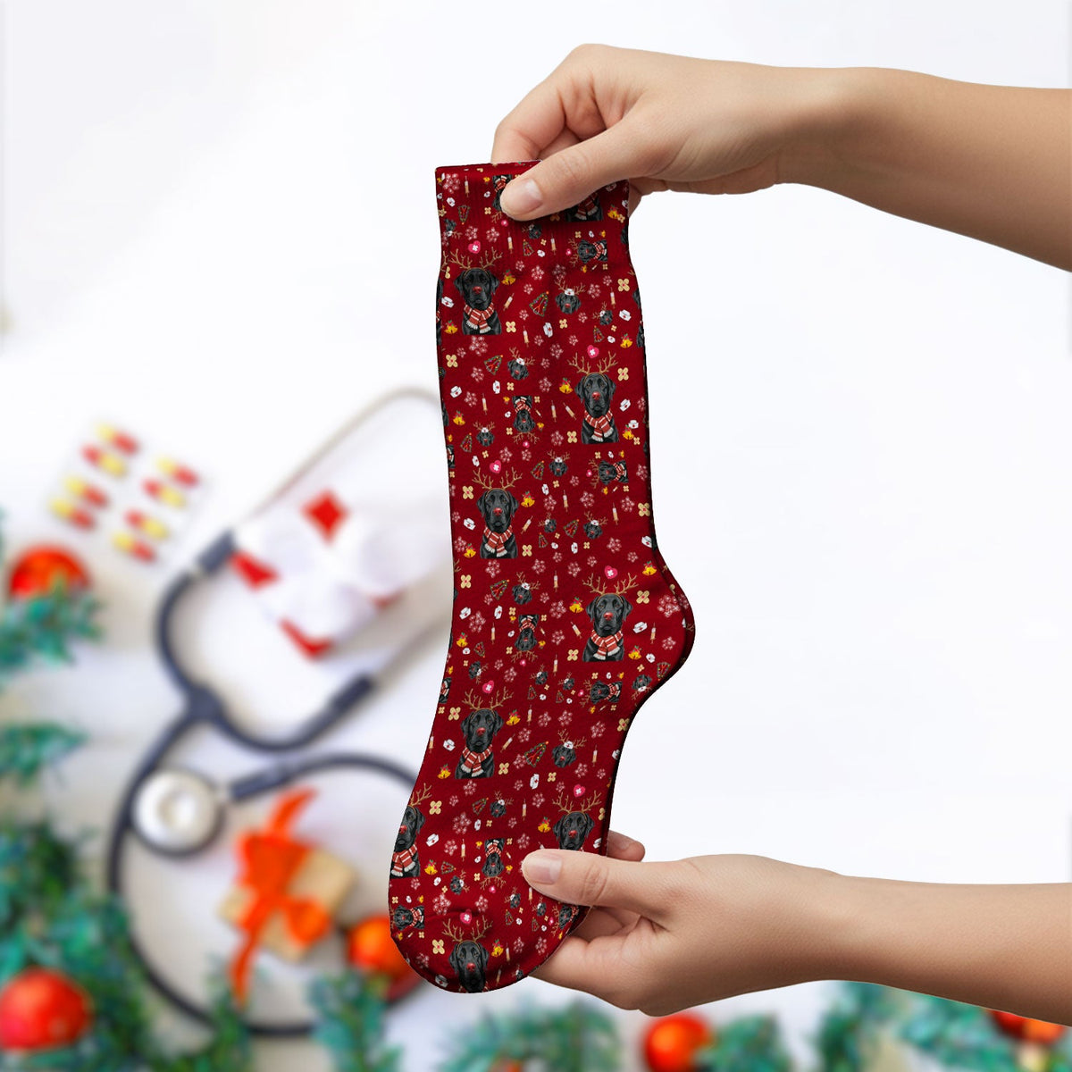 Black Lab Reindeer Christmas Nurse Socks - Gift For Dog Lover