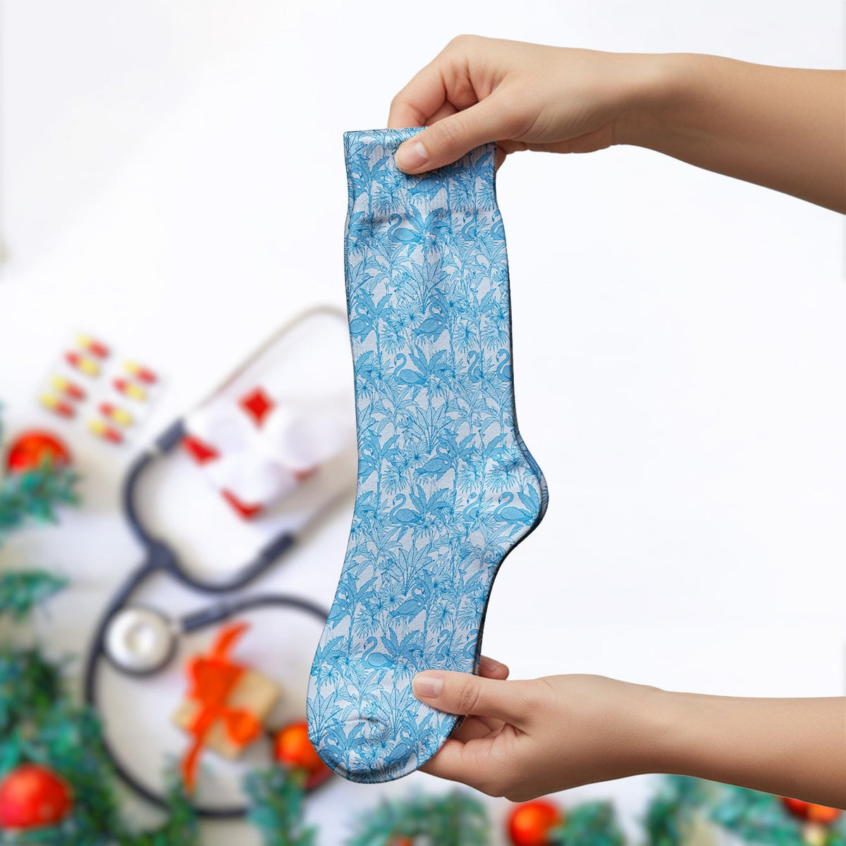 Tropical Flamingo Palm Leaves Nurse Socks