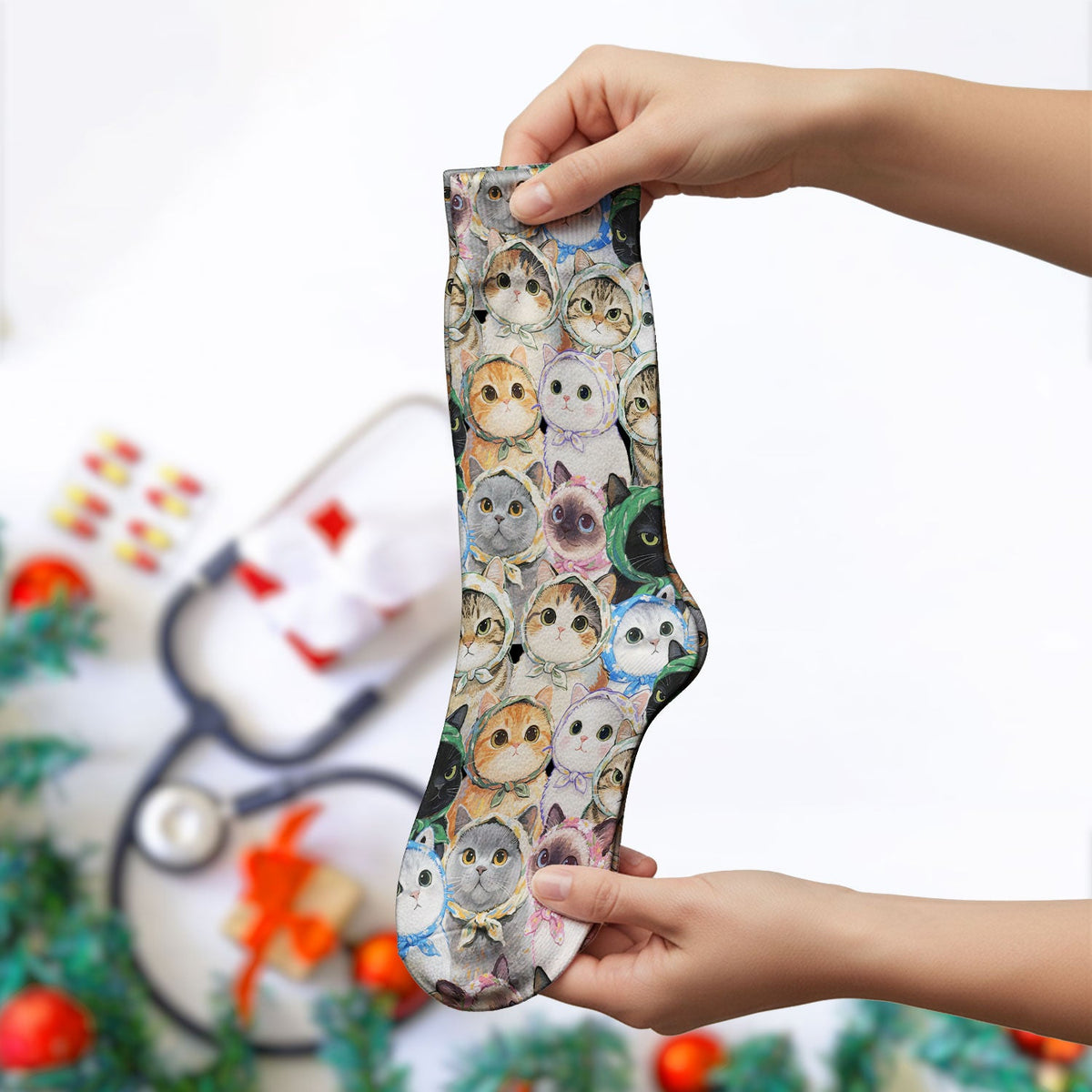 Adorable Multi Cat Portrait Nurse Socks