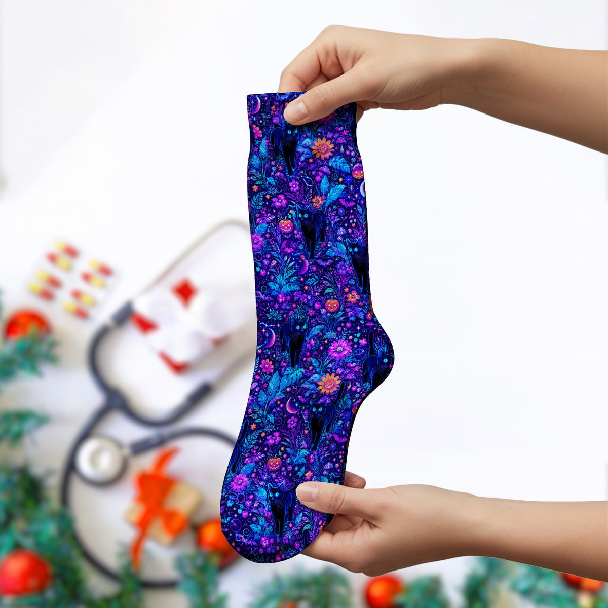 Black Cat Floral Nurse Socks - Halloween Gift