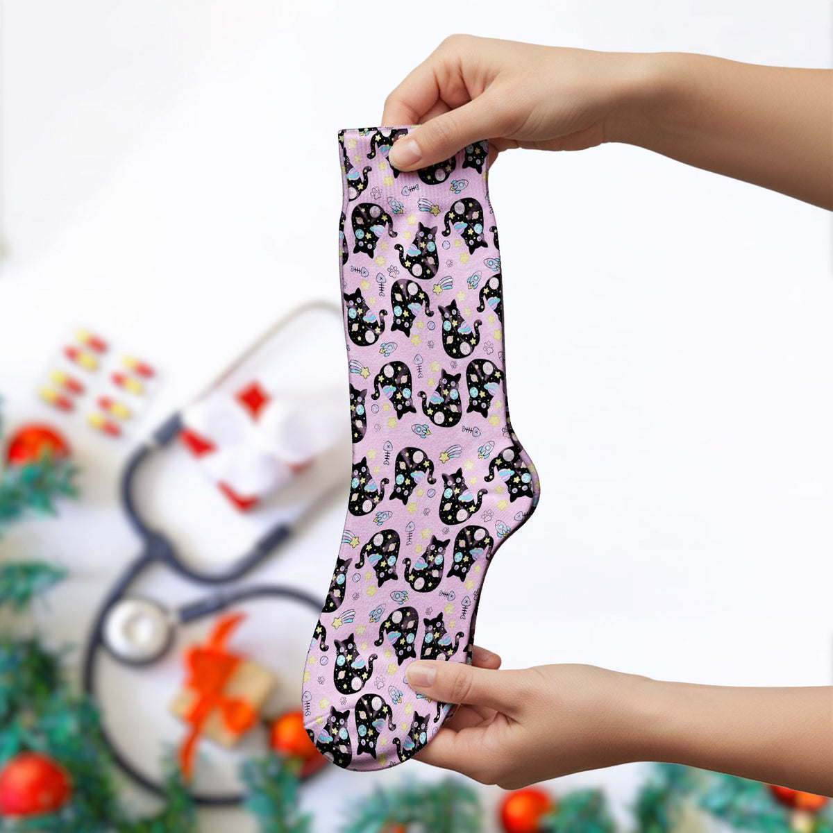 Galaxy Black Cat Space Nurse Socks