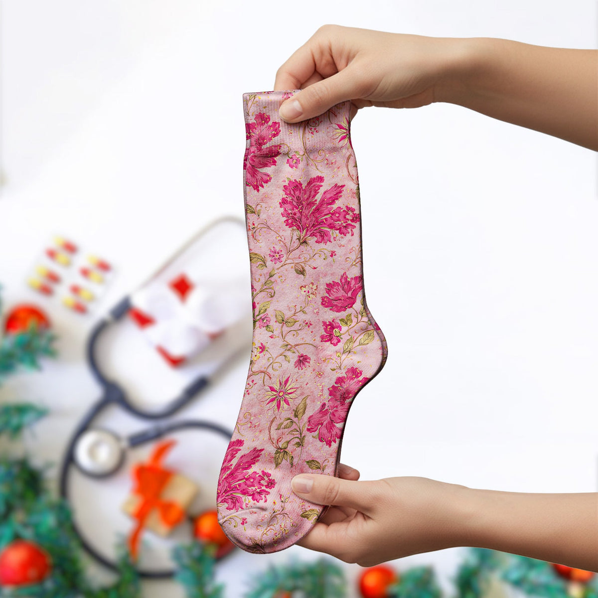 Elegant Pink Floral Vine Nurse Socks