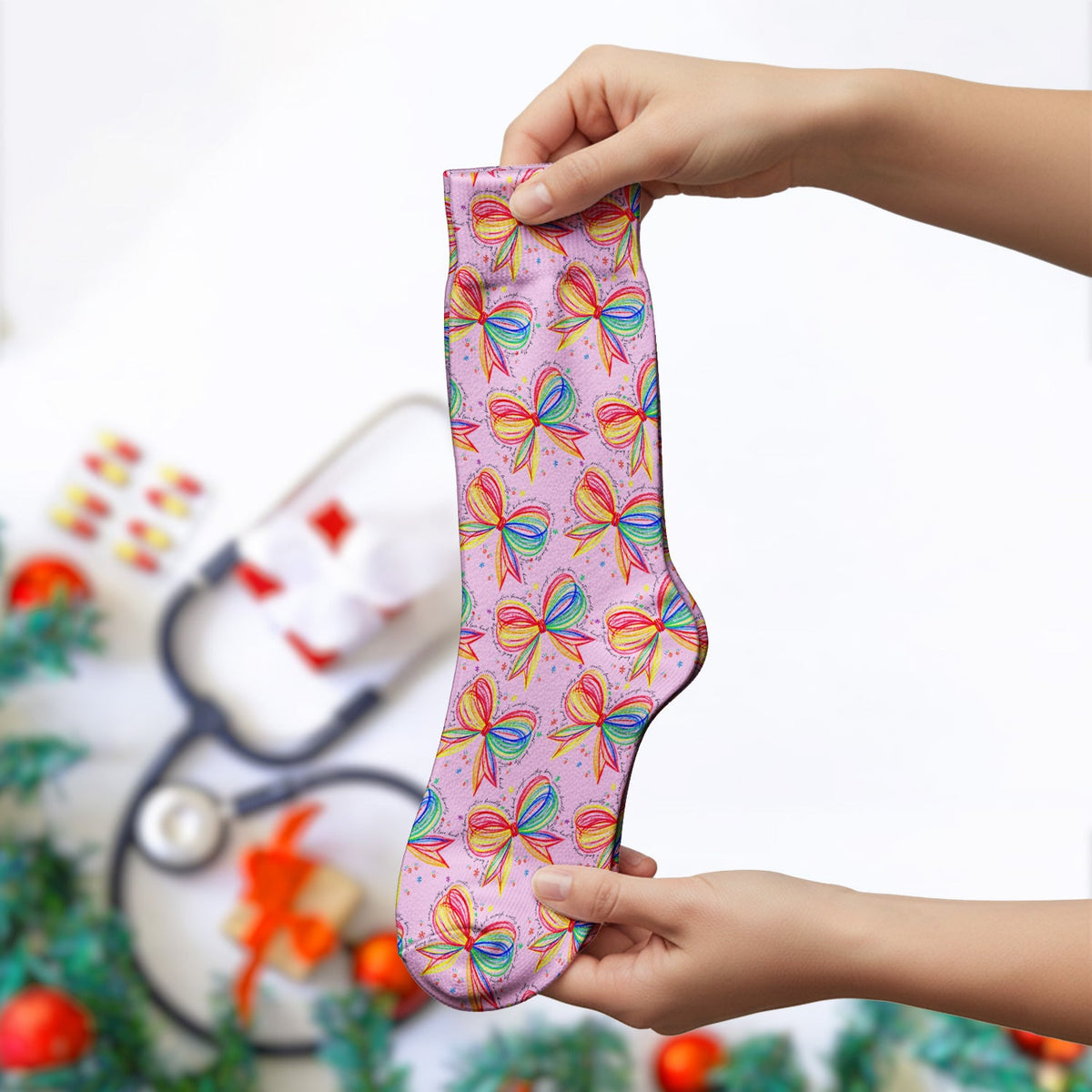 Colorful Rainbow Bow Nurse Socks