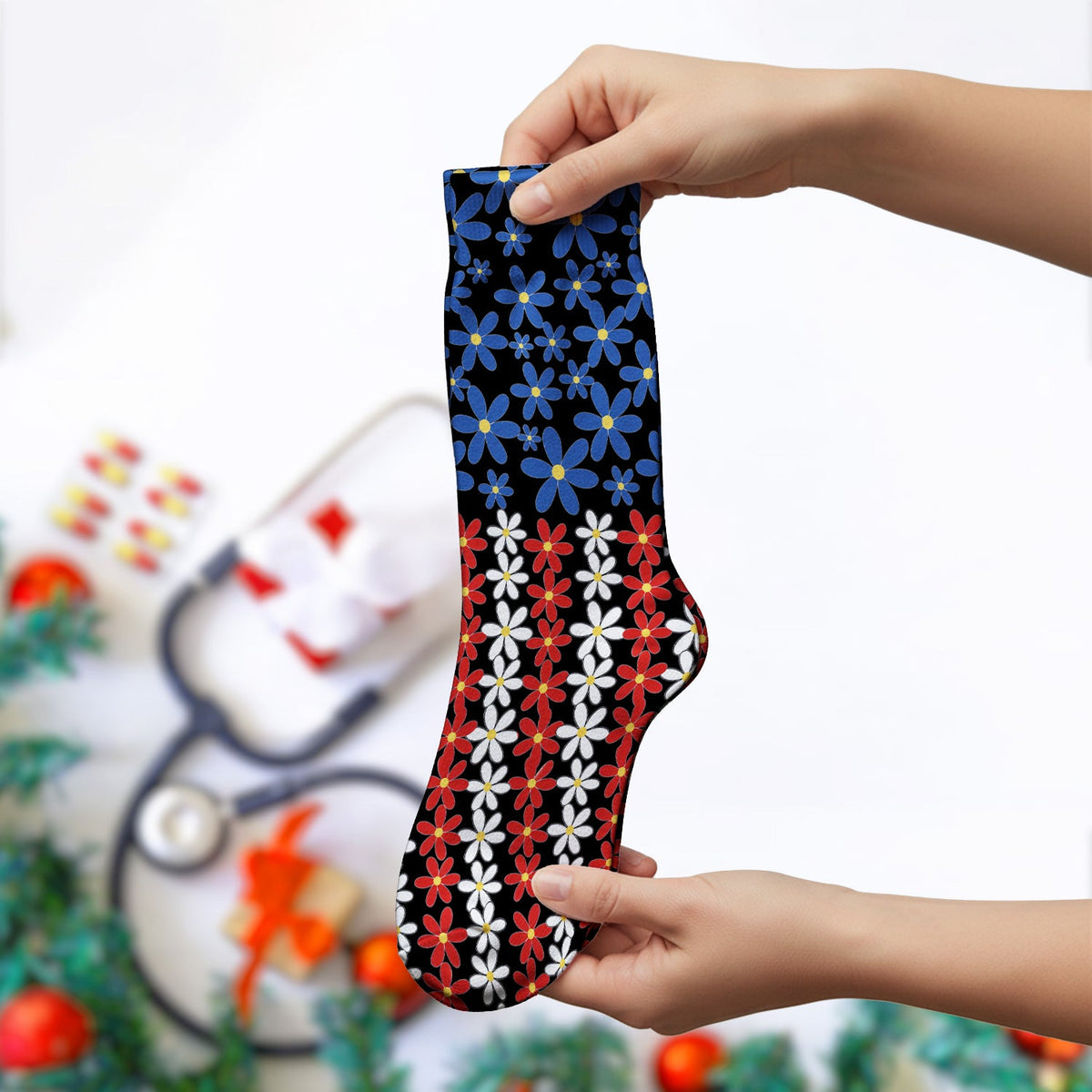 Retro Red Blue Daisy Nurse Socks