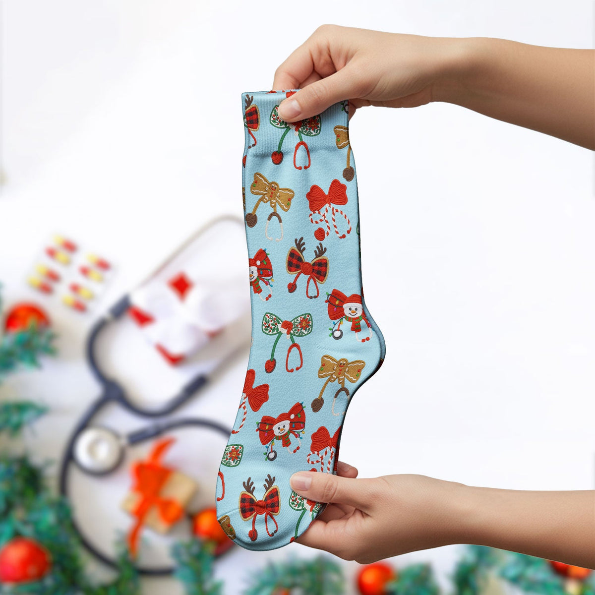 Christmas Stethoscope Bow Nurse Socks